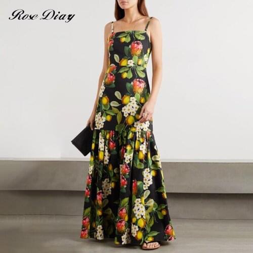 Sexy Flower Lemon Leaves Print Slim Spaghetti Maxi Dress Women Boho Beach Package Hip Backless Sundress 2021 Party Slip Dresses