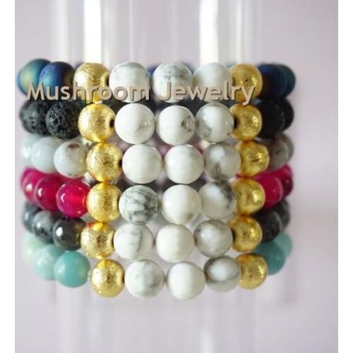 Gold Starburst Ball Turquoises Stone Druzy Agates Black Rock Lava Agates labradorite Amazonite Stretch Strand Stacki