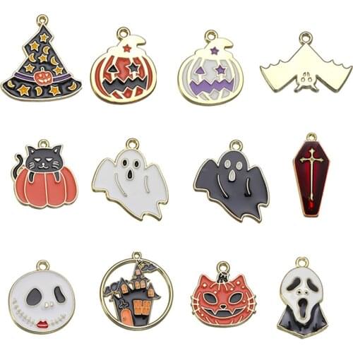 10pcs Enamel Halloween Charms Multi Style Mixed Ghost Pumpkin Bat Skull Witch Hat Alloy Pendant Jewelry Making Accessory