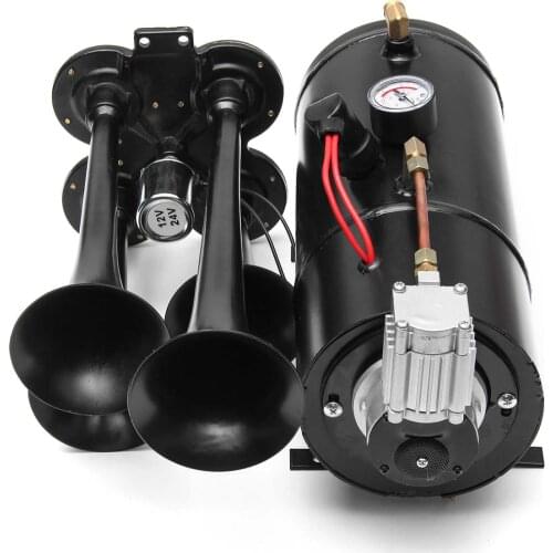 12V Truck Train Quad 4 Trumpet Air Horn Kit Black 170 PSI 3Liters Compressor & House 150db