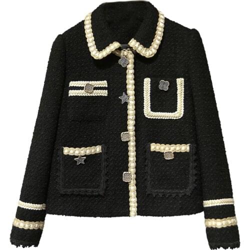 2020 Autumn Luxury High Quality Women Patchwork Tweed Jacket Coat For Ladies Black Clothes