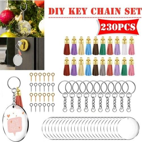 230Pcs Clear Acrylic Circle Disc Keychain Blanks Tassel Pendant Key Ring DIY Kit Keychain Tassel For Jewelry DIY Keychains
