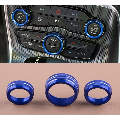 3Pcs Blue AC Radio Switch Knob Ring Trim Cover Decor Interior Mouldings Fit For Dodge Challenger 2015 2016 2017 2018 2019