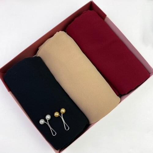 3pcs/box Chiffon Scarf Womens Fashion Plain Hijab Wrap Solid Color Shawls Headband Muslim Hijabs Headscarf Customized Gift Box