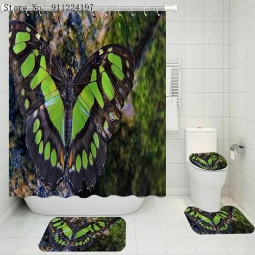Butterfly Goldfish Shower Curtain For Children Kids Bath Animal Print 4 Piece Accessories Set Soft Toilet Mat Pad Bathroom Decor