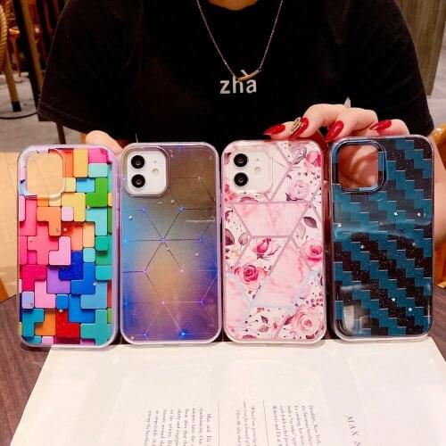 Marble Glitter Star Flower Painted Case For iPhone 12 11 Pro X Xs Max XR 8 7 6 s Plus Soft TPU+PC Shockproof Protective Cover