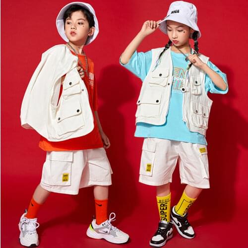 Hip Hop Boys White Vest Girls Cago Shorts Child Loose T-shirt Waistcoat Street Dance Wear Clothes Sets Kids Streetwear Costumes