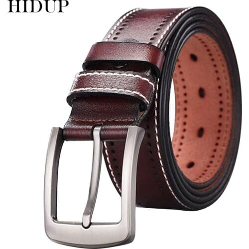 HIDUP New Quality Design Hole Border Genuine Leather Belt Pin Buckle Belts for Men 3.8cm Width Clothes Jeans Accessories NWJ834