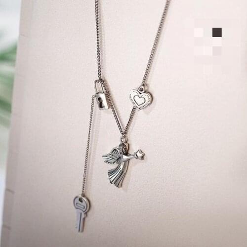 Korean Version Of 2021 Fashion New Girl Necklace Wild Star Picking Angel Lock Key Peach Heart Open Heart Lock Necklace Collares