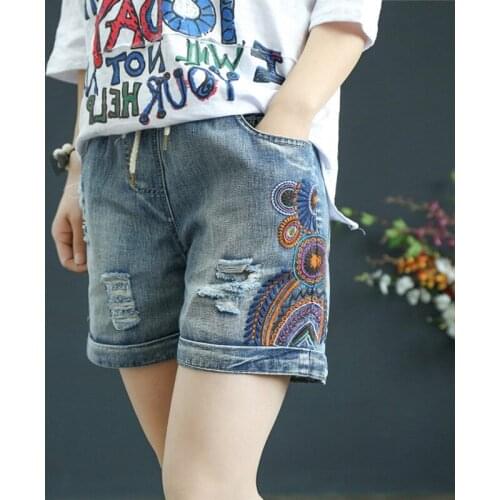 Summer Vintage Denim Shorts Women Casual Folk-custom Embroidery Hole Thin Loose Elastic High Waist Jeans Woman Shorts Pants