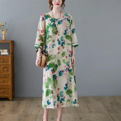 Fashion Chinese Style Dress 2021 New Arrival Soft Cotton Linen Autumn Summer Dress Print Floral Travel Casual Women Midi Dress