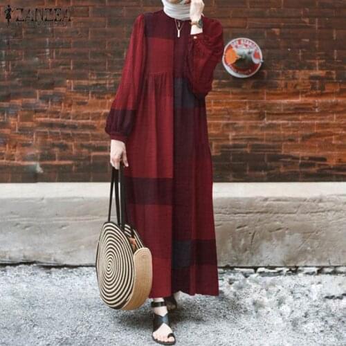 Muslim Dresses Casual Loose Dress Islamic Clothing Kaftan Plaid Robe ZANZEA Women Full Sleeve Long Dress Morocco Abaya Hijab