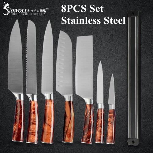 Sowoll Stainless Steel 8pcs Knives Set 33CM Wall Knife Holder Brown Plastic Handle Full Tang Blade Chinese Slicer Cutting Tools