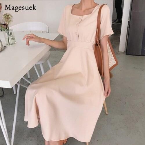 Solid High Waist Square Collar Short Sleeve Dress Korean New Women Summer Dress for Women Casual Maxi Loose Dress Vestido 14140