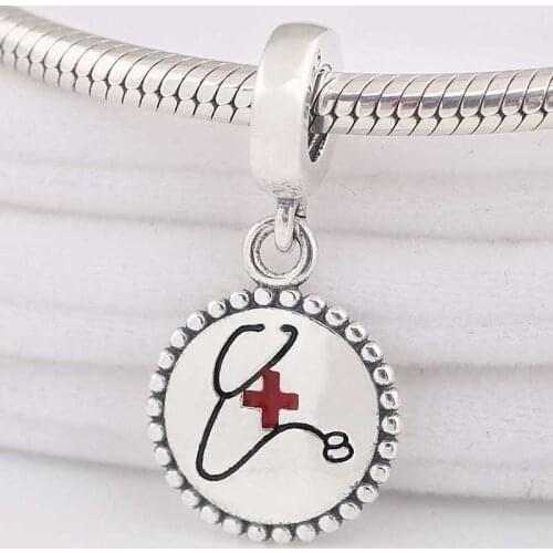 Original Black & Red Enamel Hospital Nurse Pendant Beads Fit 925 Sterling Silver Charm Women Bracelet Bangle DIY Jewelry