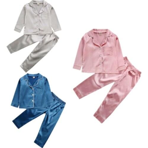 2-7Y Childrens Kids 2020 Spring Chiffon Solid Silk Satin Tops Pant Nightwear Girl Boy pajamas Set