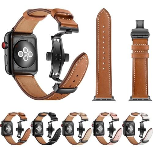 Italy Genuine Leather Watchband for iWatch Apple Watch 38mm 40mm 42mm 44mm Series 4/3/2/1 Band Butterfly Clasp Strap Wrist Belt