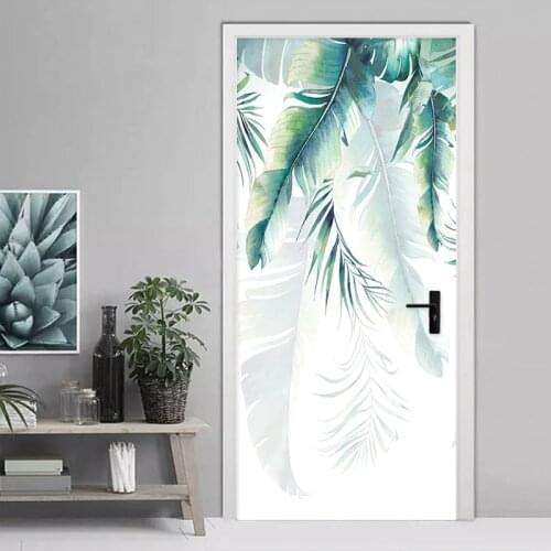 Self-Adhesive Door Sticker 3D Hand-painted Banana Leaves Mural Wallpaper Waterproof Vinyl Door Poster Living Room Bedroom Decals