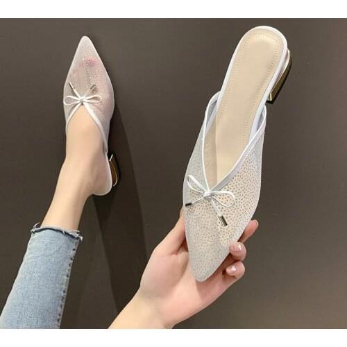 Summer Womens Slippers Fashion Brand One-foot Square Heel Sandals Slippers White Breathable Mesh Pointed Mules Woman Slippers