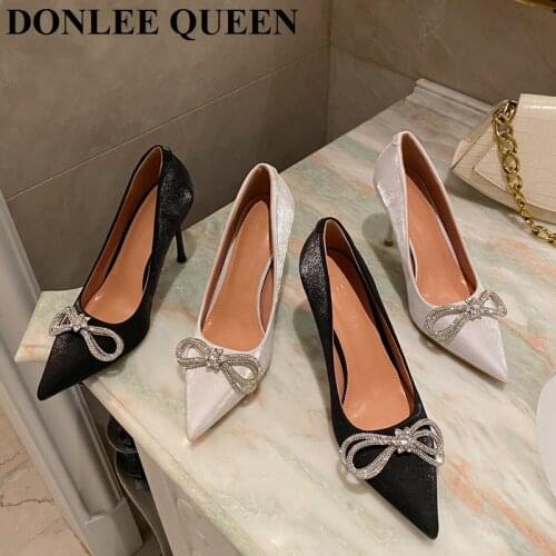 Brand Rhinestone Pumps Women Pointed Toe High Heels 9CM Slip On Office Dress Shoes Elegant Pumps Autumn Wedding Zapatillas Mujer