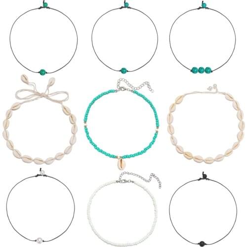 9 Pcs/Sets Vintage Bride Wedding Long Chain Choker Necklace Women Charm Alloy Shell Adjustable Beads Necklace