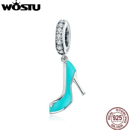 WOSTU 925 Sterling Silver Glass shoes Charms Fits Original Bracelet Bangles DIY Jewelry silver Metal Beads woman Birthday Gift