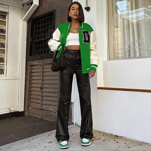 Biker Style PU Faux Leather Baseball Coat Women Single Breasted Full Sleeve Jackets Casual Sportswear Letter Print Oversize Top