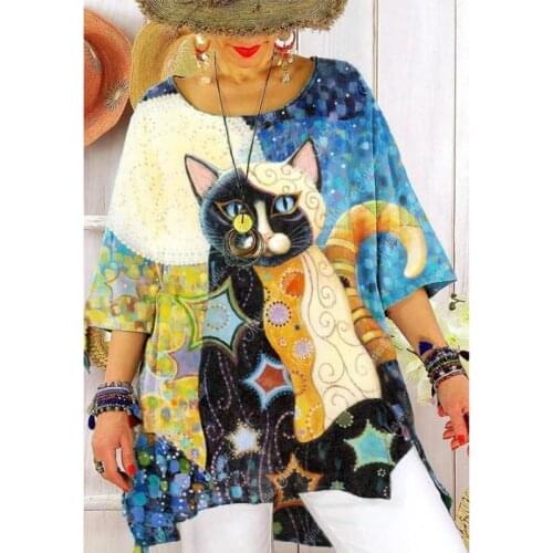 Blue Contrast Cat Boho Graphic T Shirts Half Sleeve Irregular Summer Plus Size Y2k Aesthetic Tops Casual Mom High Fashion Women
