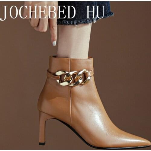 【JOCHEBED HU】Winter Genuine Leather Ankle Boots Woman Square Toes High Heels Boots Woman Metal Decora Boots Woman Short Boots