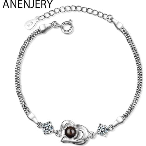 ANENJERY 925 Sterling Silver Heart Shaped Bracelets For Women Projection Jewelry Valentines Mothers Gift S-B258