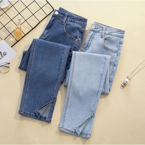 Womens Fashion Split Jeans 2021 New Korea Plus Size High Waist Straight Denim Jeans Female Casual Stretch Ankle-Length Pants