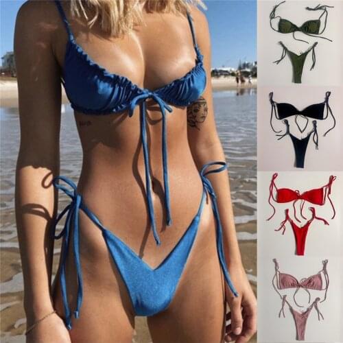 Womens Sexy Push Up Micro Bikinis Set Ruched String Thong Swimwear Bathing Suits