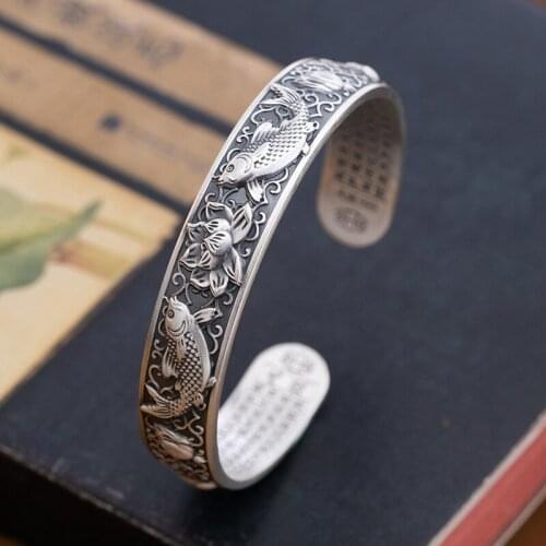 New Retro Heart Sutra Lotus Lady Bracelet Koi Silver Bracelet Jewelry Bracelet Birthday Gift