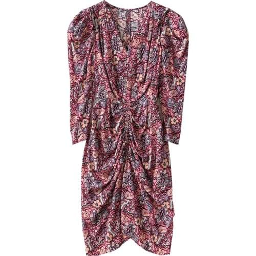 2020 New French style V-neck Pleating Drape Slim Printed Stretch Silk Dress Vintage Floral Print Silk Midi DRESS