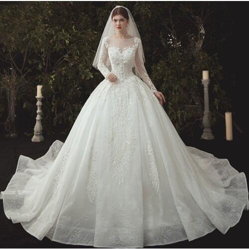 Wedding Dress White O-Neck Tulle Floral Print Embroidery Full Sleeves Elegant Crystal Lace up Long New Women Bride Dresses B024