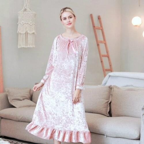 Winter Long-Sleeved Suede Single-Sided Night Wear Solid Mid-Calf Nightgown Womens Velvet Long Nightdress Noble Luxury Sleepwear