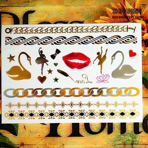 24 style Temporary Tattoo Body Art, Kiss of Swan Golden Designs, Flash Tattoo Sticker Keep 3-5 days Waterproof 21*15cm
