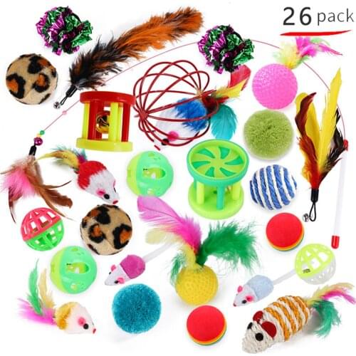 26pcs/Set Cat Toys Set Cat Interactive Catcher Teaser Toy Teaser Wand & Plush Mouse & Fuzzy Ball & Feather Strip & Mylar Balls