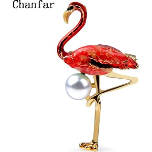 Chanfar Alloy Red Green Enamel Flamingo Bird Brooches Women Pearl Metal Animal Brooch Pins Banquet Gift Scarf Buckle Cloth Pins