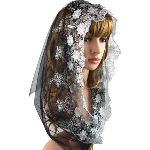Black with white thread embroidery infinity lace veil