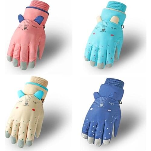 Kids Winter Waterproof Snow Gloves Solid Color Cartoon Ears Thermal Insulated Windproof Sport Snowboard Ski Warm Mittens