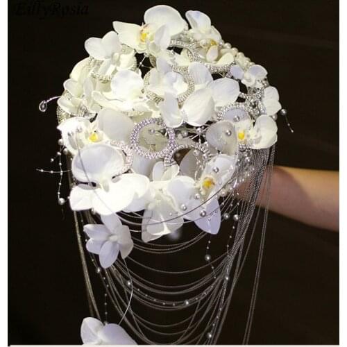 EillyRosia Tassel Jewelry Cascading Bride Bouquet Sequined Rhinestones Sparkly Pearls Phalaenopsis Wedding Bouquet Decoration