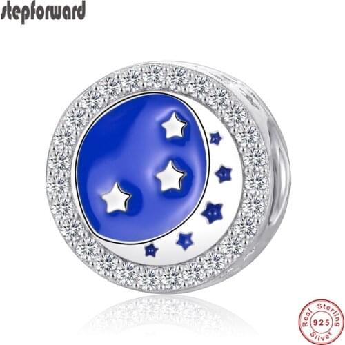 Good Quality Classic Blue Enamel 925 Sterling Silver Moon And Star Charm Fit Bracelet And Necklace Rhinestone Charms For Women