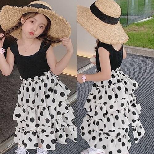Girl Clothes Set Sleeveless Black Shirt and Dot Cake Skirt Summer Casual Clothing Suit for Children Outifts Birthday Outfit