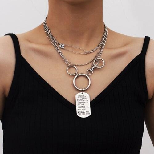 Punk Exaggerated Round Circle Pin Letters Drop Pendant Necklace Women Hiphop Alloy Thick Chains Geometric Necklaces Jewelry