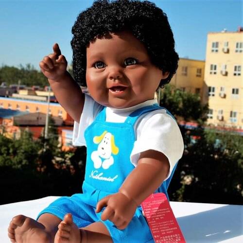 48cm Full Body Silicone Reborn Baby Doll Toy Black Skin Newborn Girl Princess with Cat Picture Babies Doll Child Bathe Toy
