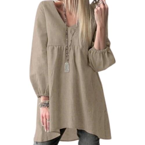 Summer Dress Women Clothing V-neck Dresses Cotton Linen Stitching Long Sleeves Casual Loose Irregular Dress For Women Plus Size