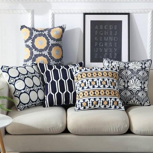 Home Decor Embroidered Cushion Cover Navy Blue Geometric Canvas Cotton Square Embroidery Pillow Cover 45x45cm Pillow Sham