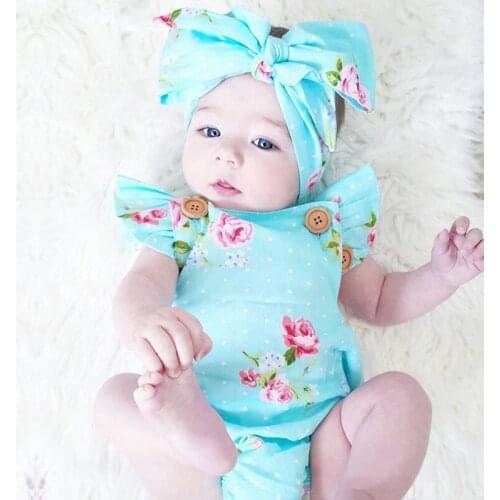 New fashion Newborn Baby Girls Floral One-pieces Romper Sunsuit Headband Clothes Set 0-24M