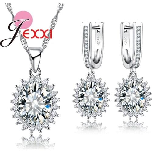 White Clear Or Dark Green CZ Stone Jewelry Set Silver Necklace Pendent Earrings Set Anniversary Party Gift